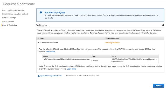 ACM DNS Validation screen result ACM DNS Validation screen result