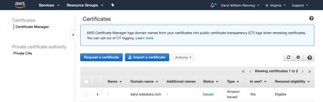 ACM Cert Manager screen ACM Cert Manager screen