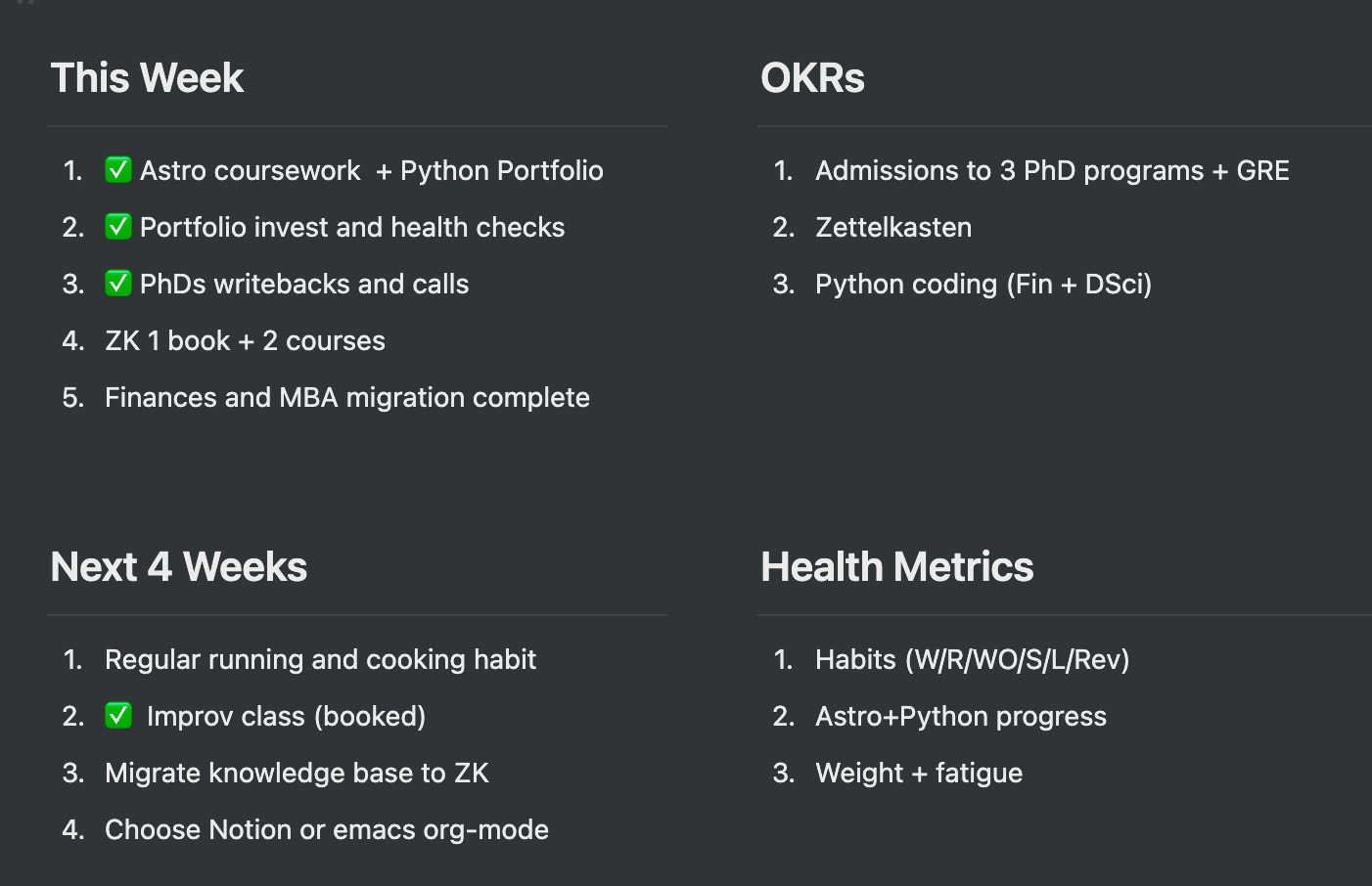 Weekly OKR Quad